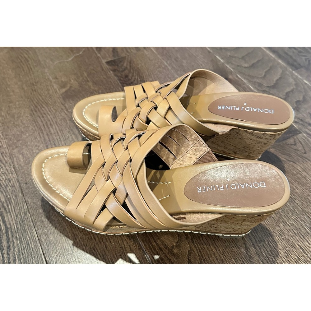 Donald J Pliner Tan Leather Woven Toe Loop Cork Wedge Sandals Womens 7.5